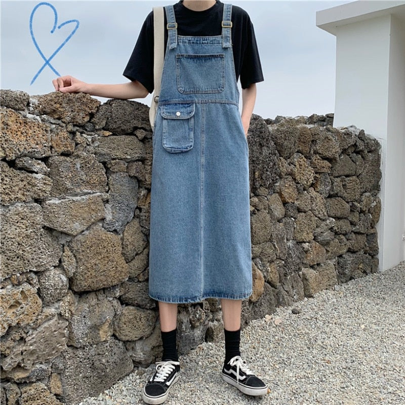 2021 Spring New Younger Fashion Denim Suspender Dress Women's Loose Temperament Large Size Midi Dress Outer Wear