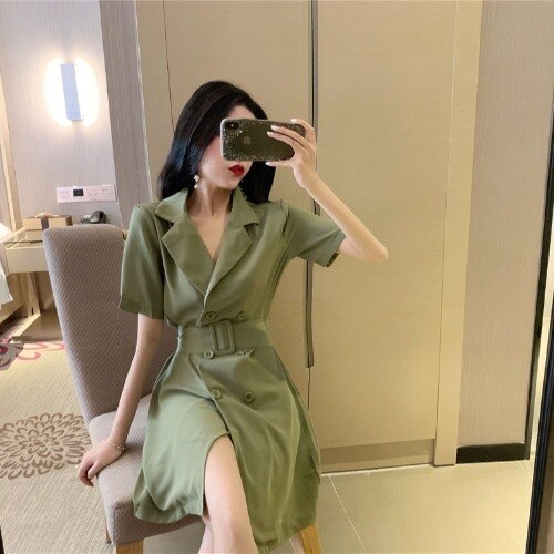 Fresh Internet Celebrity Same Fashion Elegant Suit Collar Double Breasted Lace up All-Match Cinched Slimming Short Sleeves Dress