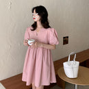 CMAZ 2021 Summer Women Dress Cotton O-neck Puff Sleeve Solid Mini Dresses A-line Large Swing Casual Loose Dress Vestido 2005#