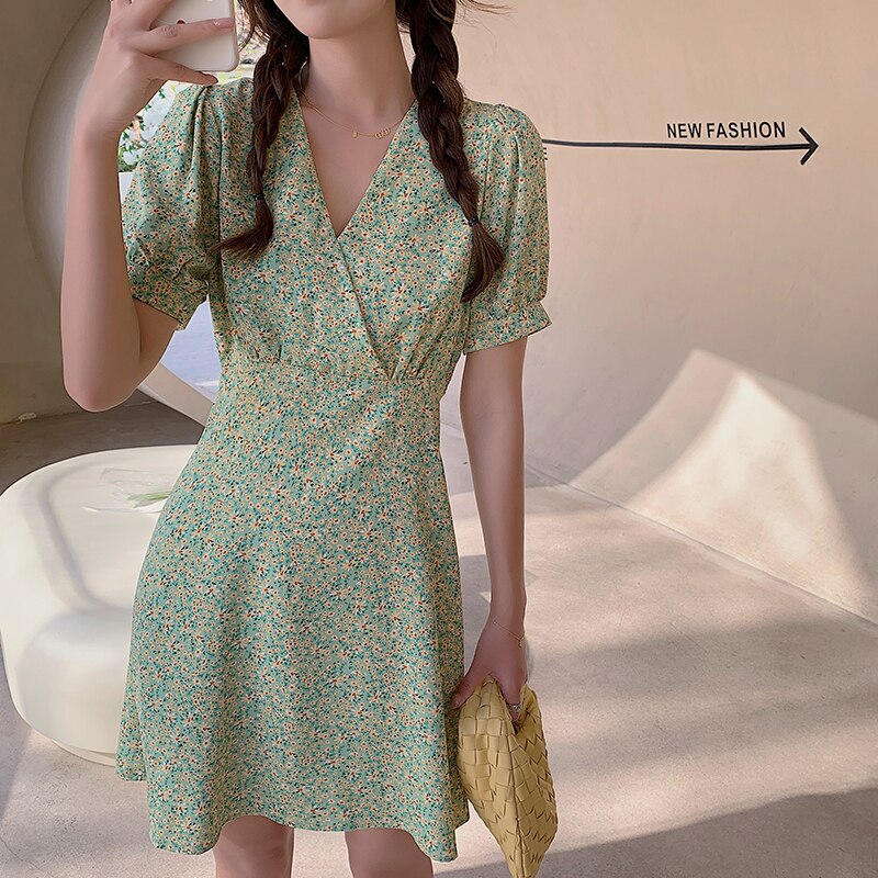 chiffon women dress floral printed summer short sleeve v-neck boho dresses 3042#