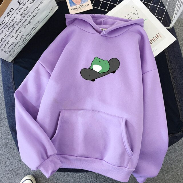 Sudadera extragrande de rana de invierno, sudaderas con capucha para hombres y mujeres, suéter cálido Harajuku con cordón rosa para mujer, estilo coreano