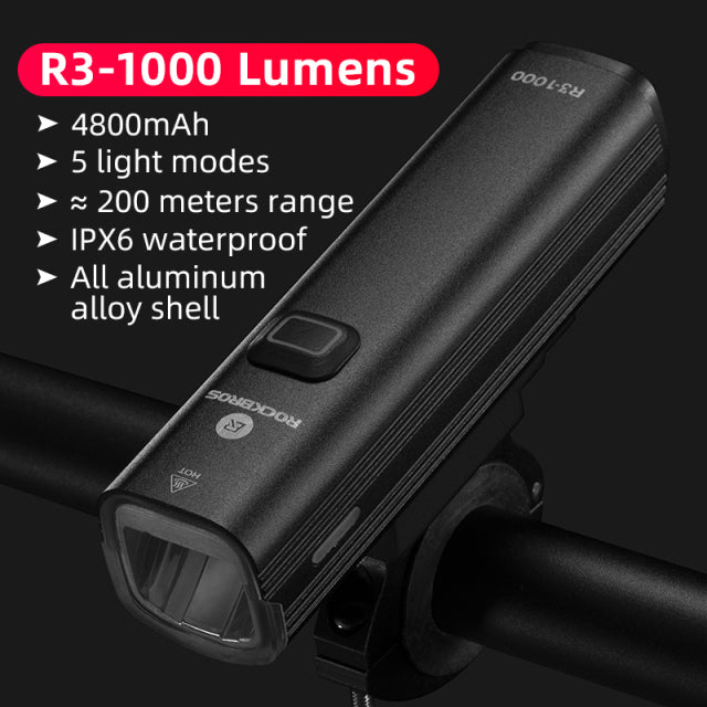 ROCKBROS 1000LM Luz de bicicleta Lámpara delantera USB recargable LED 4800mAh Luz de bicicleta Faro impermeable Accesorios de bicicleta