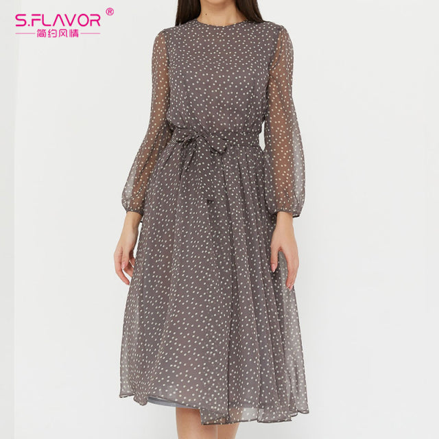 S.FLAVOR Elegant Dot Print Long Sleeve Polka Dress O Neck Chiffon A Line Women Casual Dress Vintage Midi Vestidos De