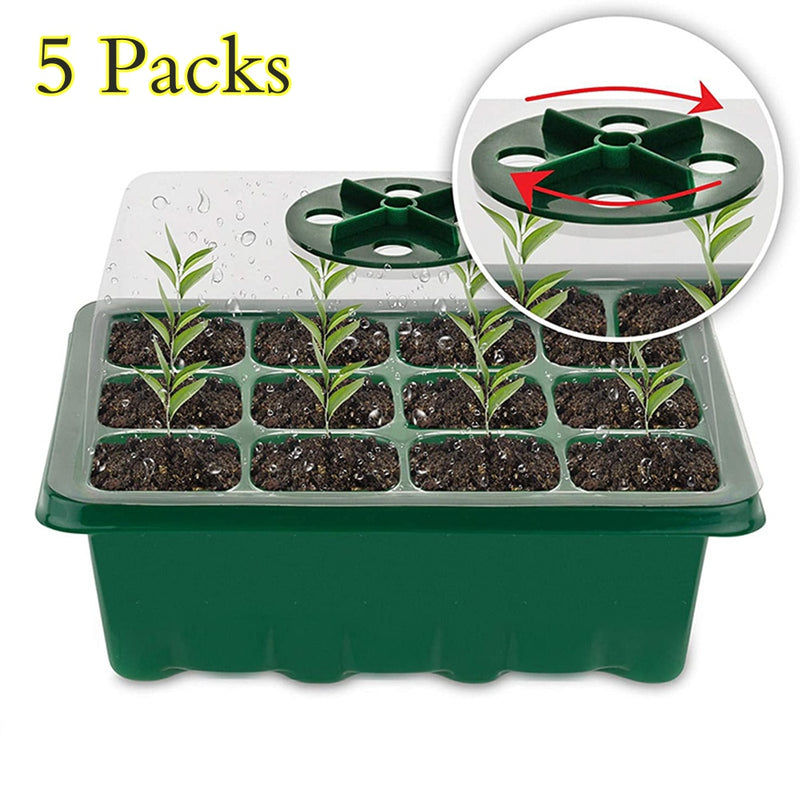 5 Sets Kunststoff-Baumschultopf 12 Löcher Samen wachsen Pflanzkasten Gewächshaus-Saatgut-Garten-Samentopf-Tablett Pflanzen-Setzling-Tablett mit Deckel