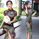 Verano largo Cheongsam Vintage Qipao seda moda diaria mujeres vestido Delgado fiesta traje vestidos Lotus paisaje estampado