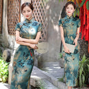 Verano largo Cheongsam Vintage Qipao seda moda diaria mujeres vestido Delgado fiesta traje vestidos Lotus paisaje estampado