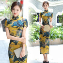 Verano largo Cheongsam Vintage Qipao seda moda diaria mujeres vestido Delgado fiesta traje vestidos Lotus paisaje estampado