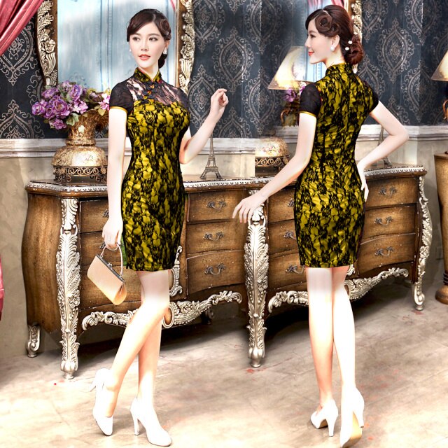 Cheongsam corto ajustado mejorado mujeres Vintage encaje corto elegante fiesta Qipao vestidos