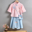Retro Girls Clothes Sets Baby Kids Cheongsam Embroidery Tops Skirts Spring Children Clothing with Purse White Pink