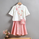Retro Girls Clothes Sets Baby Kids Cheongsam Embroidery Tops Skirts Spring Children Clothing with Purse White Pink