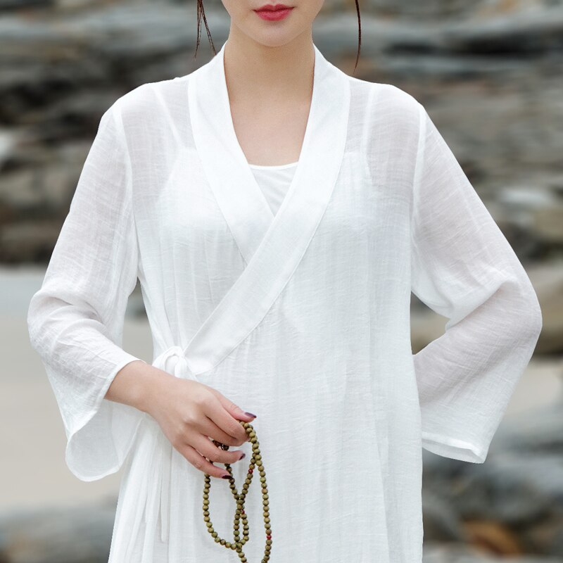 Vestido qipao mejorado de algodón y lino chino 2021, diseño de cuello en V, color puro, manga larga, tela transpirable, vestido artístico de té de verano