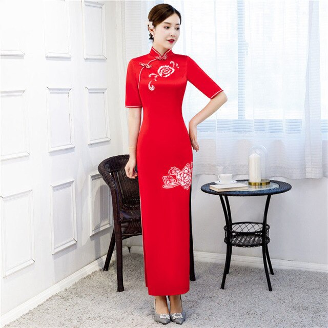 Nuevo bordado Cheongsam vestido largo Vintage ajustado de talla grande vestidos de mujer traje de botón hecho a mano chino Qipao azul rojo S a 6XL