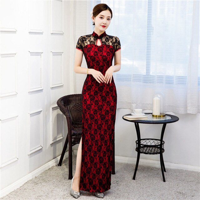 Trional Damen Cheongsam Kurzarm Vintage Langes Kleid Kostüme Elegant Plus Size Kleider S bis 5XL Schwarz Rot