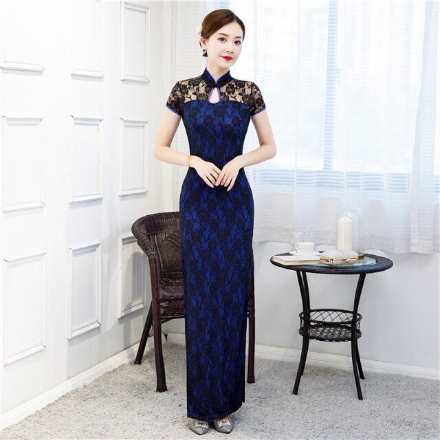 Trational Women Cheongsam Short-sleeve Vintage Long Dress Costumes Elegant Plus Size Dresses S To 5XL Black Red