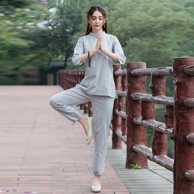 2021 estilo chino mañana ejercicio kung fu uniforme mujer yoga traje multicolor cuello mandarín color puro transpirable tang traje