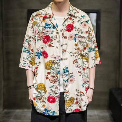 Chinese Style Men's Short Sleeved Flower Shirt Floral Print Beach Lapel Shirt Chinese Coil Button Tang Suit Top Coat