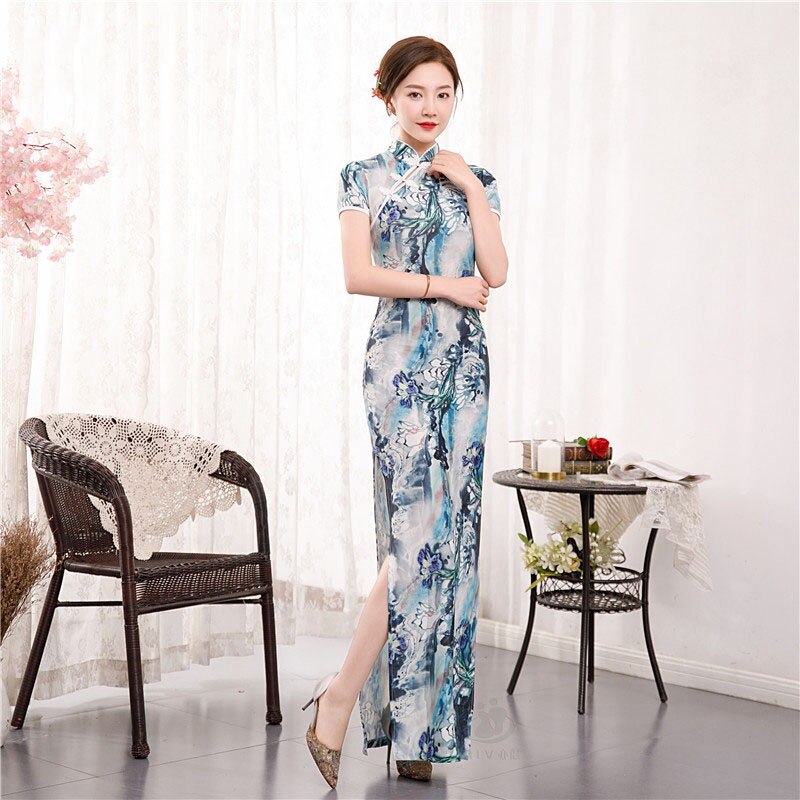 2021 Summer Long Cheongsam Sexy Thin Dress Floral Slim Vintage Plus Size Plaid Dresses Qipao S To 6XL Green Blue