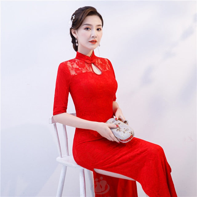 Women New Cheongsam Dress Elegant Show Costume Long Dresses Half Sleeve Chinese Style Qipao Plus Size Female Red Wedding Dress