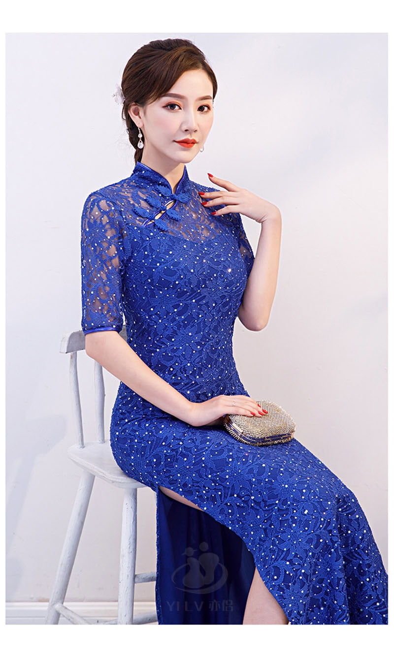 Frauen New Cheongsam Kleid Rot Pailletten Spitze Show Kostüm Lange Kleider Chinesischer Stil Qipao Schlankes Hochzeitskleid Blau Schwarz