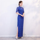 Vestido Cheongsam nuevo para mujer, traje de espectáculo de encaje con lentejuelas rojas, vestidos largos, vestido de boda ajustado Qipao de estilo chino, azul y negro