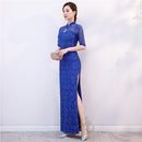 Vestido Cheongsam nuevo para mujer, traje de espectáculo de encaje con lentejuelas rojas, vestidos largos, vestido de boda ajustado Qipao de estilo chino, azul y negro