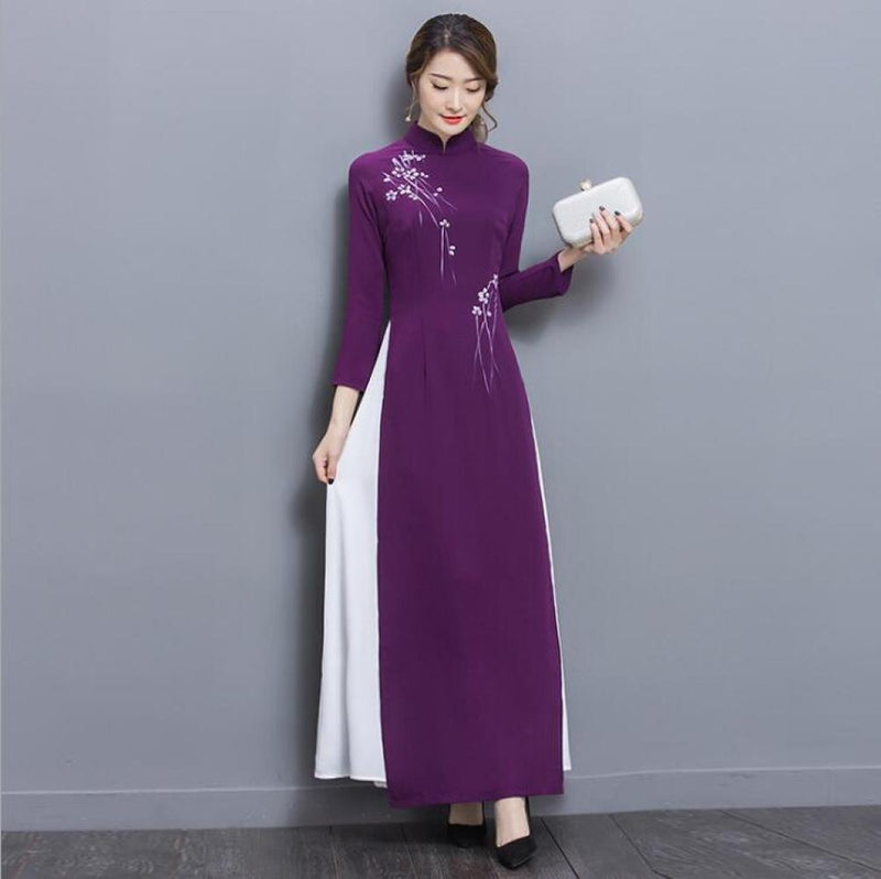 Chinese Style Stand Collar Stitching Contrast Color Hem Temperament Qipao Improved Ladies Literary Banquet Elegant Dress