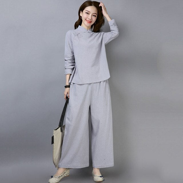 2021 chinese cotton and linen daily clothes mandarin collar top wide leg pants loose oriental  improved tang suit tea art suit