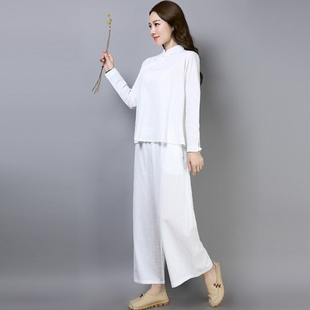 2021 Chinesische Baumwolle und Leinen Alltagskleidung Stehkragenoberteil Hose mit weitem Bein lockerer orientalischer verbesserter Tang-Anzug Tee-Kunst-Anzug