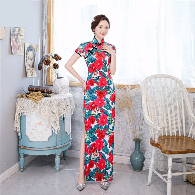 2021 Elegante Frauen Cheongsam Chinesisches Traditionelles Dünnes Kleid Hochzeitskostüm Lange Kleider Sexy Qipao Plus Size Multi Color