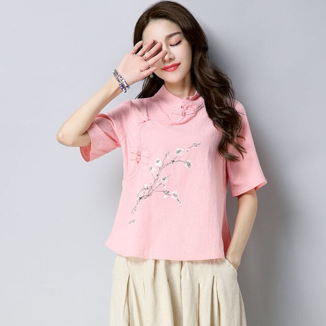 Camisas Retro de estilo chino de verano para mujer, blusa holgada de algodón y lino con hebilla y cuello levantado, blusa nacional para mujer, Top de talla grande