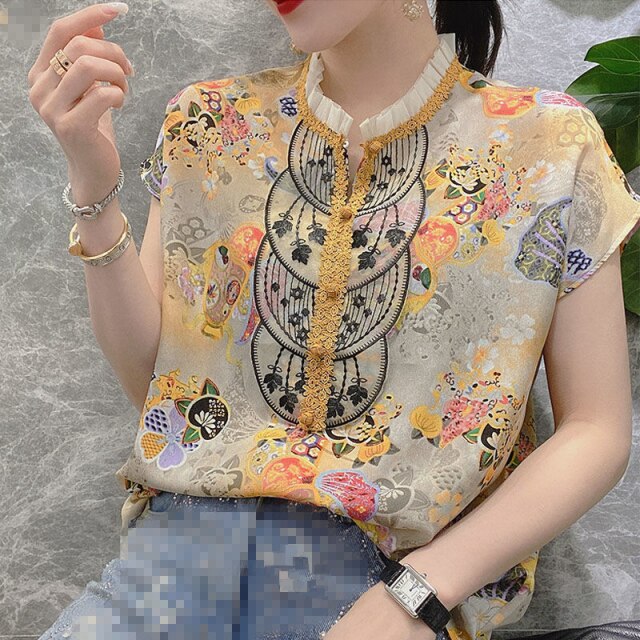 European Style Women Floral Shirt Summer Short-sleeved Chiffon Stand Collar Lace Top Lady Fashion Vintage Shirt and Blouse