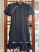 Chinese Improved Cheongsams Summer Young Girls Short Sleeve Floral Dress Women Jacquard Satin Ruffle Students Dresses