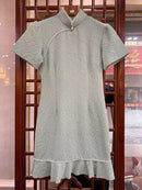 Chinese Improved Cheongsams Summer Young Girls Short Sleeve Floral Dress Women Jacquard Satin Ruffle Students Dresses