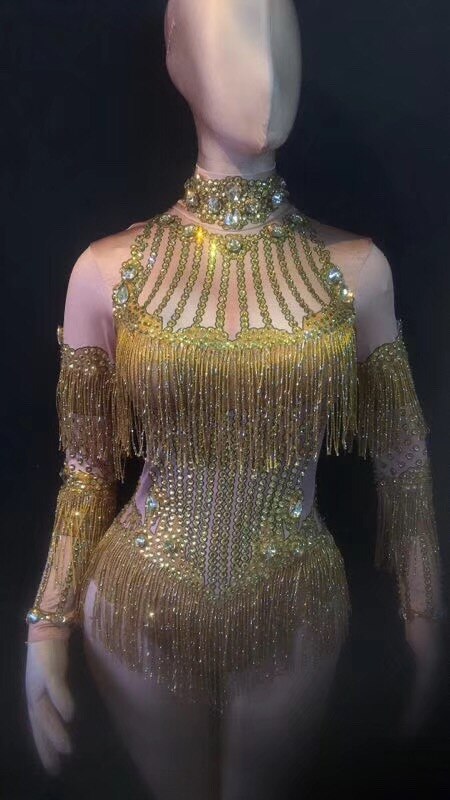 2021 Women New Flashing Gold Rhinestones Tassel Sexy Bodysuit Birthday Party Rhinestones Stage Outfit Nightclub Dance Show Wear