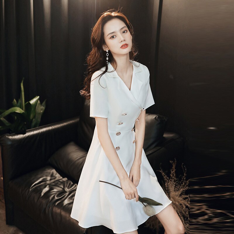 Women White Solid Retro French Temperament Slim Dress New Arrival Daily Simple Dress