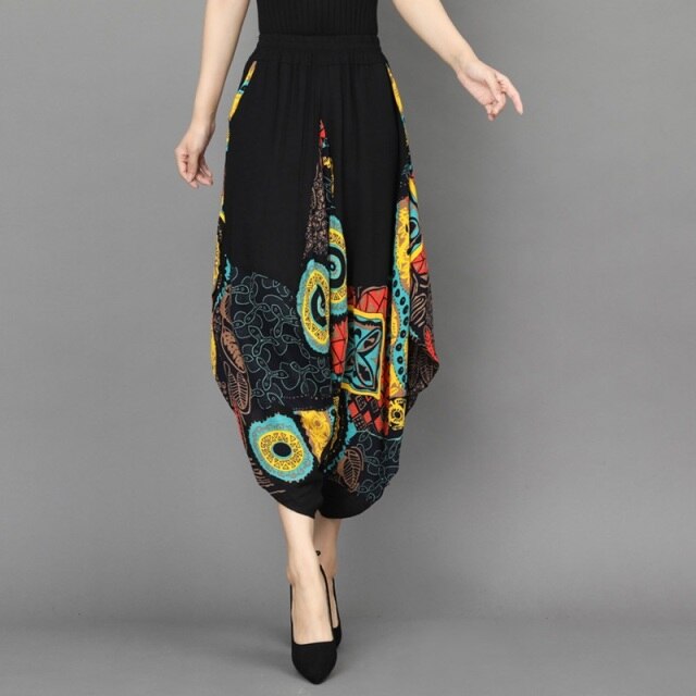 Traditional Floral Wide Leg Pants Women High Waist Drape Loose Chinese Style Harajuku Women Trousers Loose Harem Pants KK3644