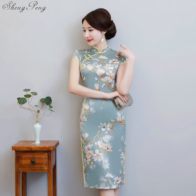 Sommer Frau orientalischen Stil Kleider Vintage Blumendruck chinesisches Kleid Qipao Stehkragen kurz cheongsam S-3XL Q215