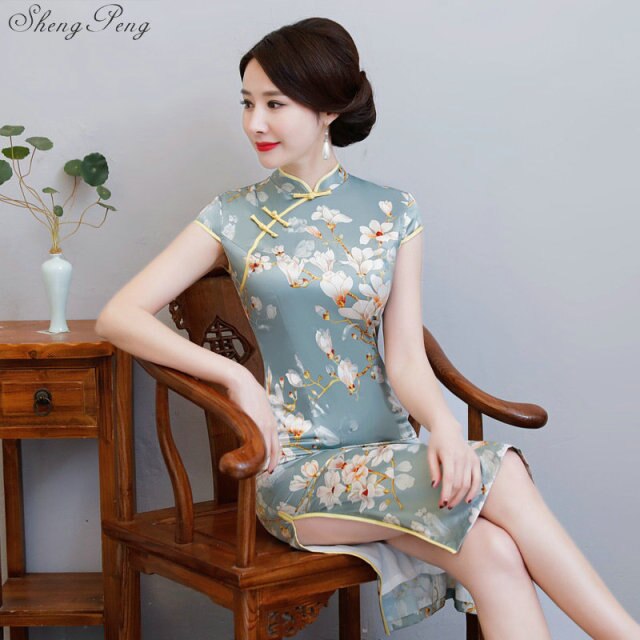 Sommer Frau orientalischen Stil Kleider Vintage Blumendruck chinesisches Kleid Qipao Stehkragen kurz cheongsam S-3XL Q215