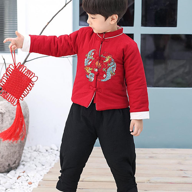 1Set Children Boys New Year Tang Suit Chinese Style Embroidery Cotton Coat Long Pants Set traditional chinese clothing for men