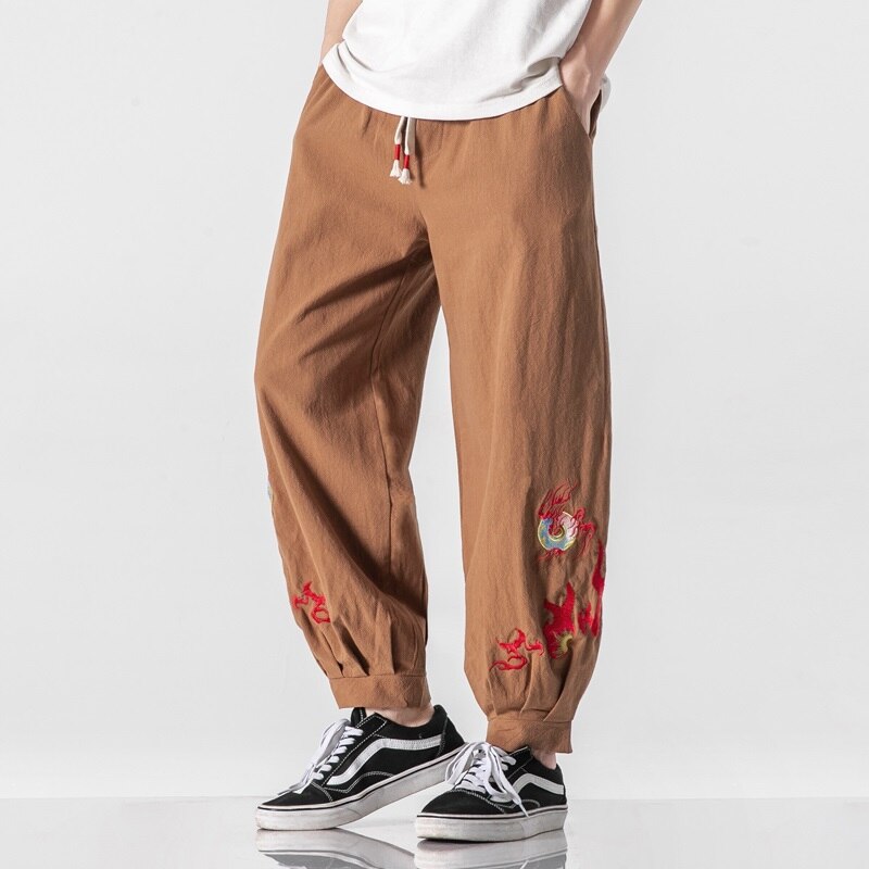 Zen Tea Men Chinese Style Embroidery Kung Fu Harem Pants Vietmam Japanese Fashion Sports Casual Trousers Dance Streetwear KK3539