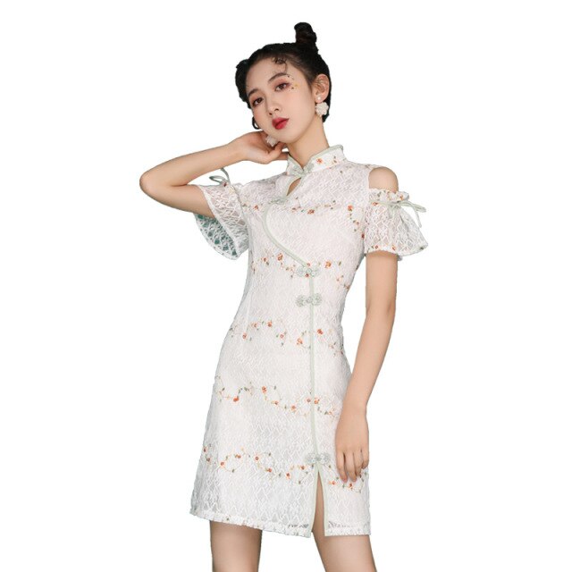 Summer New Art Improved Fashion Sexy Slim Young Girl Lace Shoulder Skirt Dress