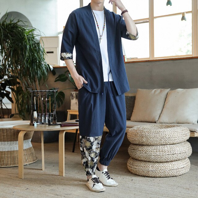 Men Chinese Style Hanfu Tang Suit Japanese Robes Retro Crane Embroidery Casual Trousers Cardigan Harem Pants Kung Fu Uniform Set