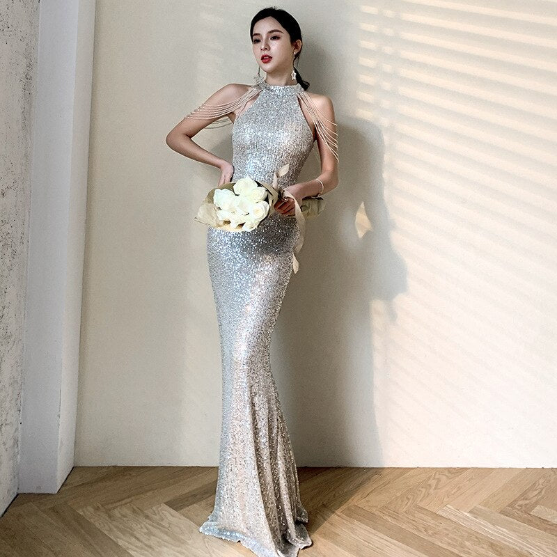 Female Silver Elegant Tassel Trim Banquet Gown Exquisite Sequins Sexy Slim Formal Party Dress Temperament Celebrity Dresses