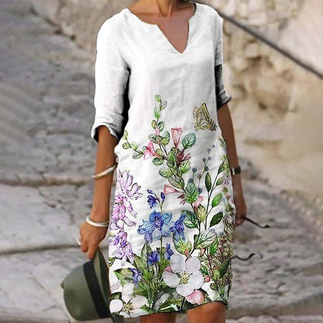 Women Casual Geometrical Print Dress Vintage Printed V-neck Knee Length Straight Dresses Summer Short Sleeve Dresses Plus Size