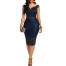 2020 Evening Party Women Sexy Off Shoulder V Neck Hollow Lace Bodycon Midi Dress Women&