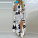 Boho Dress Autumn Single Breasted Button Irregular Long Dress Women Sexy Turn-down Collar Newspaper Letter Print Maxi Dress