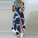 Boho Dress Autumn Single Breasted Button Irregular Long Dress Women Sexy Turn-down Collar Newspaper Letter Print Maxi Dress