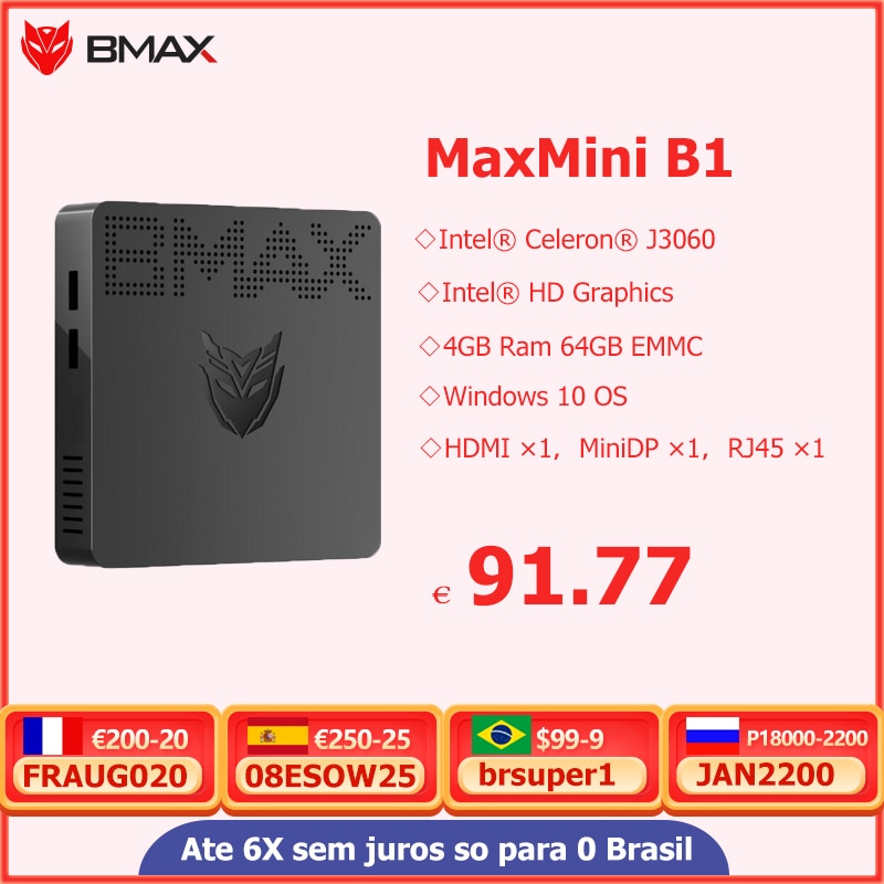 Bmax B1 Mini PC Intel Celeron J3060 Dual Core 1.6GHz hasta 2.4GHz 4GB LPDDR3 64GB eMMC/128GB SSD Intel HD Gráficos Wifi Computadora