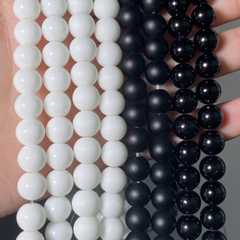 Venta al por mayor de piedras naturales, ágatas blancas y negras, cuentas de ónix mate pulidas sin brillo, cuentas redondas para fabricación de joyería, pulseras DIY de 4-12mm y 15"