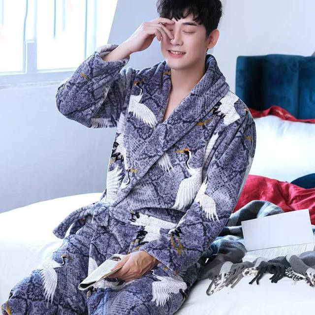Albornoz tipo Kimono informal para hombre, bata larga de franela para otoño e invierno, ropa de dormir gruesa y cálida, camisón de talla grande 3XL, ropa de casa holgada para hombre